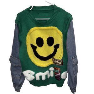 MCC Studios Sweater Women Green Smile Happy Face Denim Cargo HipHop L